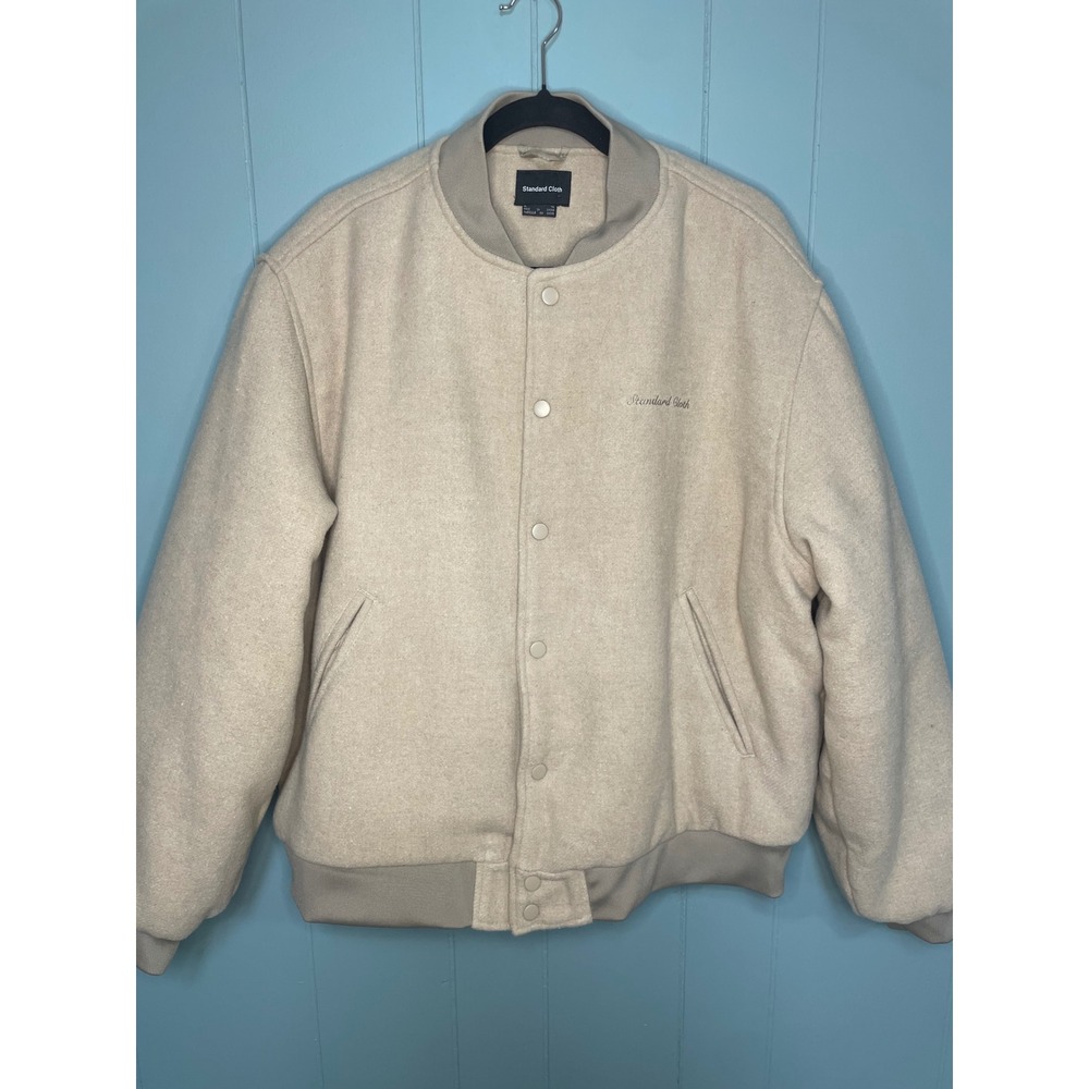 Standard‎ Cloth Bomber Jacket Mens XL Beige Excellent Wool Blend Snap Varsity